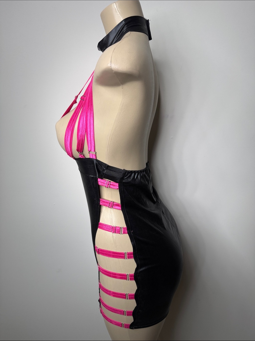 Hot Pink Strappy Cutout Chemise with Black Paneling - Picture 3 of 5